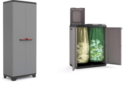 Keter Stilo Kunststoffschrank/Besenschrank, Utility, Dunkelgrau, Schwarz, Rot, 68 x 39 x 173 cm & Split Basic Recyclingschrank, grau/schwarz, 68 x 39 x 85 cm, manuelle Öffnung