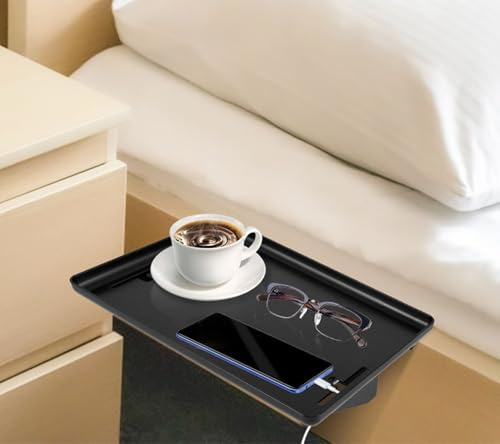 Sutowe Bedside Shelf for Bed, Detachable Bed Shelf Clip On Nightstand Tray College Dorm Room Table Caddy with Cord Holder for Top Bunk Organizer Bedroom Nightstand 32x23.3x5.3cm(black)