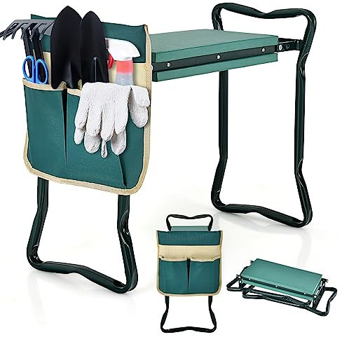 COSTWAY Inginocchiatoio da Giardino 2 in 1 Portatile e Pieghevole, Sgabello da Giardino con Grande Borsa per Attrezzi, Sedile per Giardinaggio per Inginocchiare e Sedere