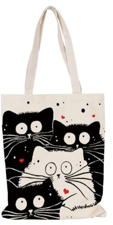 Jutebeutel Beige Schwarze Katze Tote Bag Baumwolle und Hanf Stoffbeutel Große Kapazität Stofftasche Faltbar Jutetasche Langlebig Baumwolltasche Bedruckt Stoffbeutel zum Bemalen Waschbar 30x40cm/3 Pcs