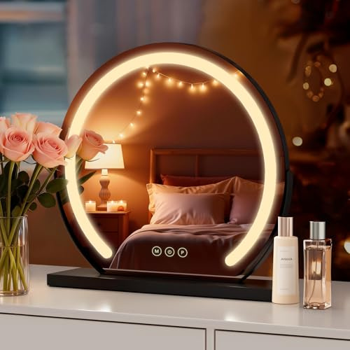S'AFIELINA Hollywood Spiegel mit Beleuchtung 48,5 × 50 × 12 cm (H × B × T) Touch-Steuerung Schminkspiegel mit Beleuchtung Dimmbar 3 Farbtemperatur LED Kosmetikspiegel Halbkreis 360° Drehbar, Schwarz