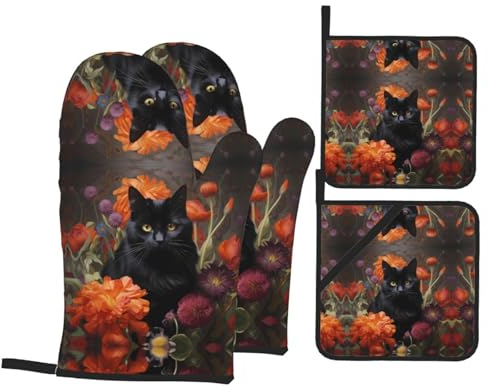 Ofenhandschuhe mit schwarzer Katze und Blume, hitzebeständig, bedruckt, Baumwolle, rutschfest, 1 Paar und 2 Topflappen zum Kochen