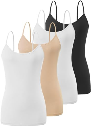Knuffnee Damen Unterhemden Verstellbare Spaghetti Tops Basic Cami Tank Top 4er Pack Schwarz/Weiß/Beige/Weiß S