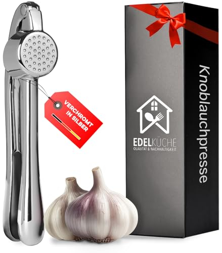 EdelKüche Premium Knoblauchpresse für Knoblauch & Ingwer (ohne Schälen) | Spülmaschinenfest | Ingwerpresse, Küchenutensil, Küchenwerkzeug | Praktisch und Pflegeleicht | Einfaches Pressen (Chrom)