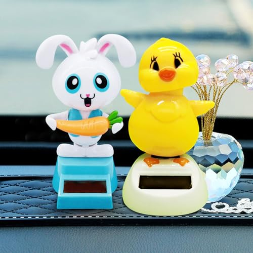 Auto Solar Wackelfigur Kleine Enten & Hase, Solar Wackelfiguren Tanzende Enten, Hase Solarfigur Statue Auto Armaturenbrett Deko Ornamente, Solarfigur Wackelfigur für Auto Haus Büro (1 Enten 1 Hase)