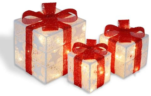 CCLIFE LED Geschenkbox 3er Set Weihnachten Weihnachtenbox Beleuchtete Lichterkette Batteriebetrieb Weihnachtsdeko,Cushhom