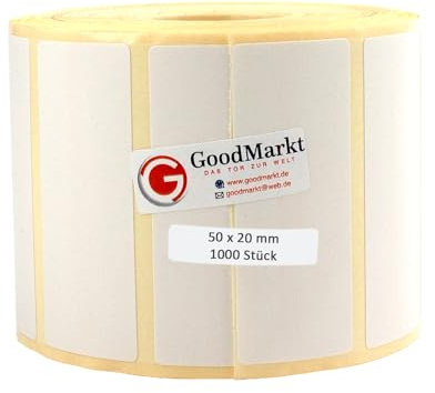 GoodMarkt Thermodirekt Etiketten selbstklebend | 50x20 mm 1 Rolle, weiß, 1000 Etiketten | Kompatibel mit Brother, Zebra | Haushaltsetiketten, Barcodeetiketten, Marmeladenetiketten