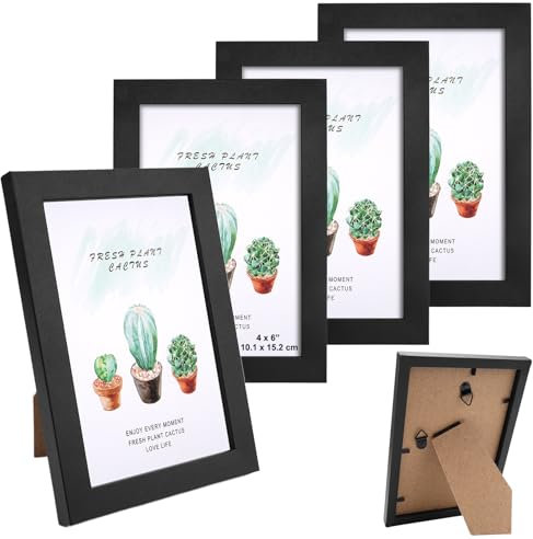 4er Set Bilderrahmen 10x15 cm,Schwarz MDF-Holz Fotorahmen 10x15 mit Transparente Acrylplatte,Schwarze Bilderrahmen Set,Horizontal oder Vertikal Photo Frame für Wandbehänge oder Tischdekoration