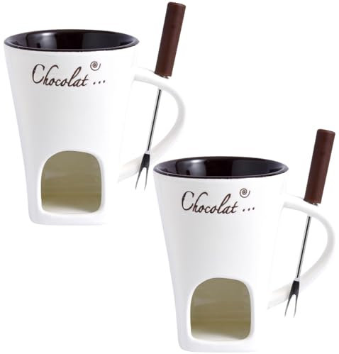 2Pcs Hot Chocolate Mug Chocolate Fondue Mug 200ml Heat-Resistant Ceramic Chocolate Fondue with Forks Smooth Reusable Fondue Mug for Date Night Birthday & Wedding Gifts, White