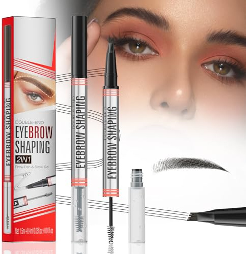 Lápiz de Cejas de Doble Punta, Lápiz y Gel Fijador de Cejas 2 en 1, Lapiz Cejas con Cabeza de 4 Horquillas, Impermeable y a Prueba de Sudor, Crea Cejas Naturalmente Espesas (Negro)