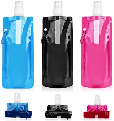 Aoreun 3 Stück Faltbare Trinkflasche, 480ml Tragbarer Zusammenklappbare Wassersack Flexibl Wasser-Flasche Wiederverwendbare Wasserflasche mit Karabiner für Wandern, Outdoor-Sport, Abenteuer, Radfahren