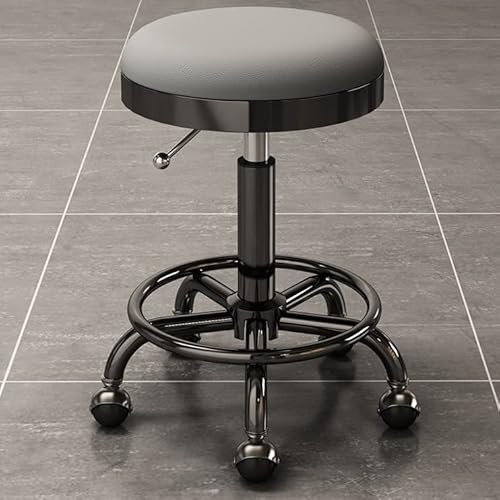 Vielseitiger Rollhocker-Stuhl, Verstellbarer Arbeitsstuhl, Runder Rollhocker Aus PU-Leder Mit Fußstütze, Für Salon, Massage, Fabrikgebrauch (Grey1)