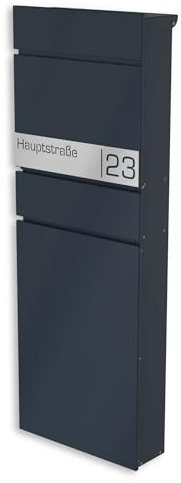 Graviers Freistehender Standbriefkasten Anthrazit RAL 7016 mit Zeitungsfach – personalisiertes Edelstahl-Schild, wetterfest, Briefkasten