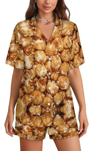 SMAZDFXX Ensemble de Pyjama Popcorn doré Caramel pour Femme, vêtements de Nuit Courts à col en V, vêtements d'intérieur