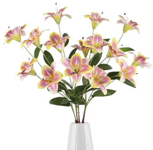INSUNSIX Künstliche Lilien mit langen Stielen für hohe Vasen, Bad, Outdoor, Party, Garten, Hochzeit, Gang, Veranda, Dekoration, Violett und Gelb, 86 cm, 5 Stück