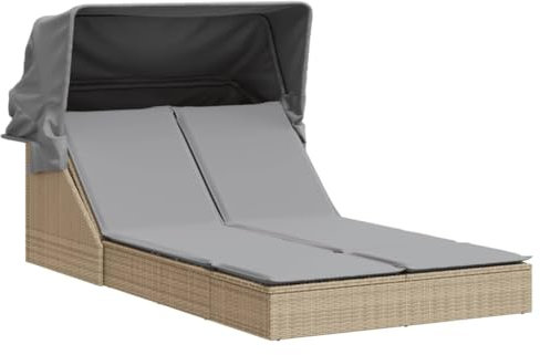 Eleganz Doppel-Sonnenliege mit Dach und Auflagen - Beige PE-Rattan & Pulverbeschichteter Stahl - Perfekt für Gartenbetten - Langlebig & Stilvoll