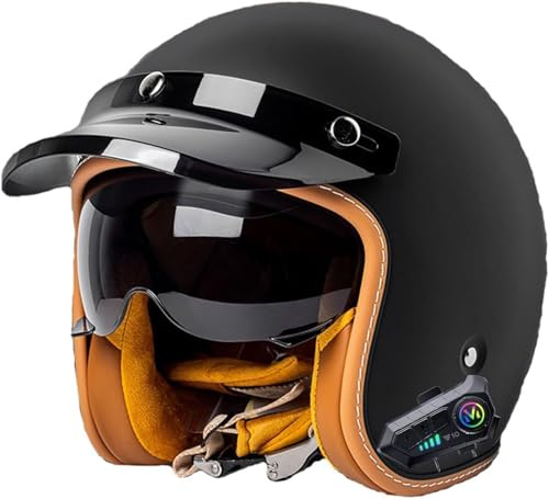 Vintage Bluetooth Motorcycle Half Helmet Open Face Helmet with Sun Visor 3/4 Half Face Motorbike Crash Helmet DOT/ECE Approved Scooter Cruiser Helmet for Adults Men and Women
