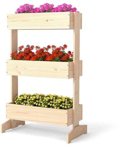COSTWAY Vertikal upphöjd säng med 3 våningar, blomsäng med 3 planteringslådor, blomstertrappa, trädgårdsbädd, granträ, blomlåda för terrass balkong, trädgård, natur, 69 x 39 x 109 cm