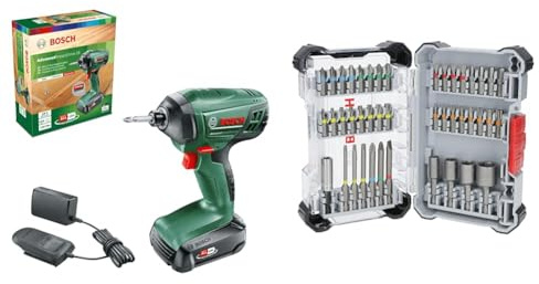 Bosch Akku Drehschlagschrauber AdvancedImpactDrive 18 (1 Akku, 18 Volt System, im Karton) + 43x Extra Hard Schrauberbit-Set, 43‑tlg. (197 x 110,5 mm, Professional Zubehör)