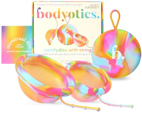 Bodyotics Proud Disco: 2 discos menstruales reutilizables (S y L) con cuerda extraíble para una fácil inserción y extracción, protección a prueba de fugas de 12 horas, silicona segura para el cuerpo e