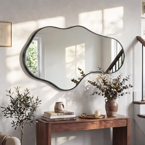 Fahomiss Unregelmäßiger Wavy Wandspiegel, Abstrakter Spiegel mit Aluminiumlegierung Rahmen in Luftfahrtqualität für Badezimmer, Schlafzimmer & Flur