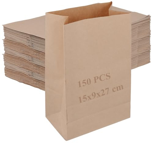 HAKZEON 150-pack 15 x 9 x 27 cm papperspåsar med kraftblock, flerfunktionell mat lunchväskor för presentförpackning, bröllopsgåvor, festsnacks (brun)