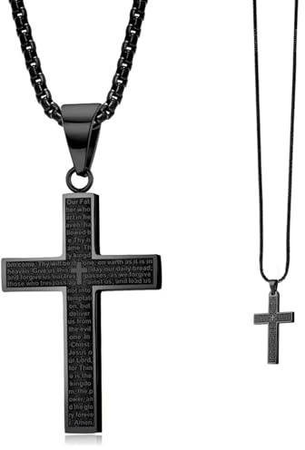 TENGWA Edelstahl Kreuz Kette Herren Wasserfest Anhänger 4,5 * 2,8 cm Lange 60 cm Kreuzkette mit Schriftzug Klassisches Design Taufgeschenk für Männer und Jungen Geeignet
