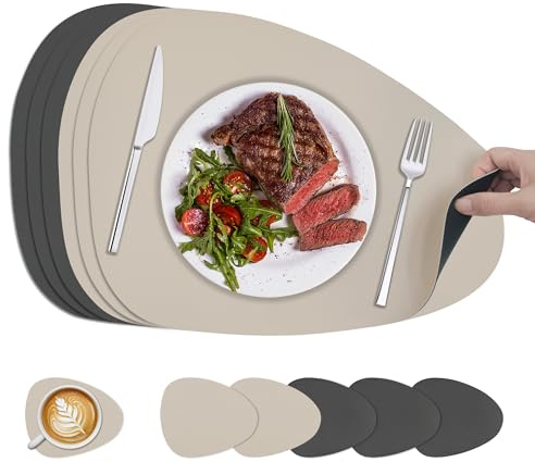 KitchenBoss Tovagliette Americane Lavabili e Sottobicchieri: Tovagliette Colazione Tovaglietta Bifacciale Per Cucine, Tavoli da Pranzo e Uffici, Grigio Antracite + Beige, 40x30cm, 6 Set