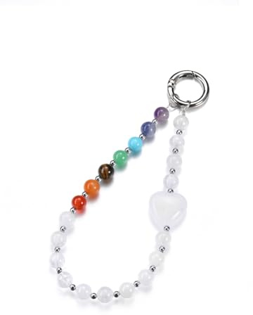 PiercingJak Handykette aus Naturstein, Handmade kurzer Handyanhänger mit Perlen, Beaded Handyband Phone Charm mit passgenauer Lasche, Bergkristall+7 Chakra