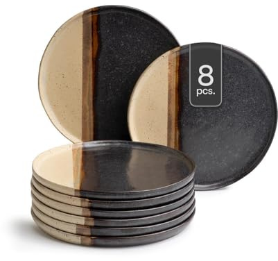 Home4You Brotteller - Ø 13 cm - Schwarz - Braun - Keramik - matt - 8er Set