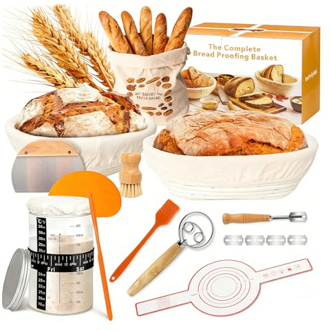 Cestino da Lievitazione per Pane, Set Lievitazione Pane Rattan 25cm Ovale & 23cm Rotondo, Kit Completo di Lievito Madre, Accessori per la Cottura del Pane, Grande Regalo per Principianti, Panettiere