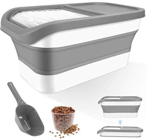 Contenedor Pienso Perro Gato Plegable con Tapa Transparente, Pala y Taza Medidora, Cubo de Comida Hermético para Mascotas, Caja Almacenamiento Almacenar, Organizadora Alimentos para Perros Gatos(Gris)
