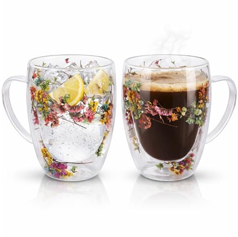 Straame Dried Flower Glass Coffee Mugs Pack of 2, 350 ml Floral Double Walled Glass Mugs with Handle, Double Wall Glass Tea Cups, Insulated Flower Mug, Double Walled Coffee Mug for Hot & Cold Drinks
