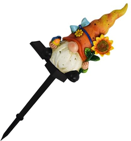 Funabridge Nain de jardin solaire de 45,7 cm, orange, figurine en résine de dessin animé avec tournesol, adorable nain de jardin, pelouse, patio, cour