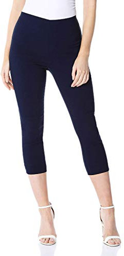Roman Originals Cropped Trousers for Women UK Ladies Capri Leggings Summer Pants Short Crop Stretch 3/4 Length Three Quarter Pedal Pusher Clothes Elasticated Bengaline Cut Off - Navy Blue - Size 14