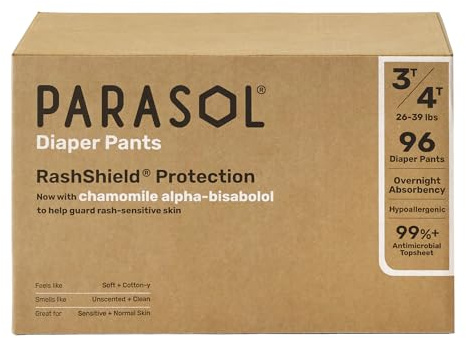 Parasol Clear+Dry Natural Disposable Diaper Pants, RashShield Protection and Active 360 Comfort Wrap, Hypoallergenic Training Diapers, Size 5 (3T-4T), 96 Count