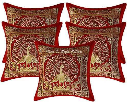 Stylo Culture Boho Forros De Cojines Decorativa 30x30 cm Brocado De Seda Pavo Real Fundas Almohadones Dormitorio Granate 12x12 Inch Jacquard Cuadrado Cremallera Fundas para Cojines De Sofas - 5 Pcs