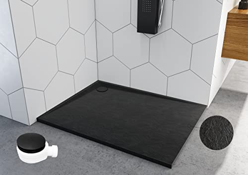 Sellon24® Duschkar svart, fyrkantig, fyrkantig, kvartscirkel, steneffekt, duschkar, svart (90 x 100 x 3)
