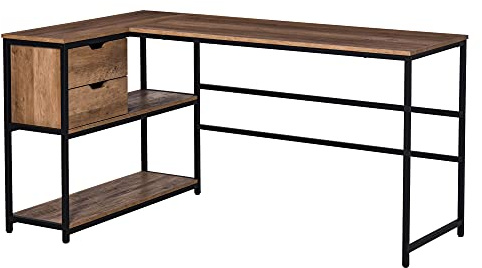 HOMCOM L-Shaped Home Offie Computer Desk with Storage Shelves, 2 Dawers and Industrial Steel Frame, Black/Brown