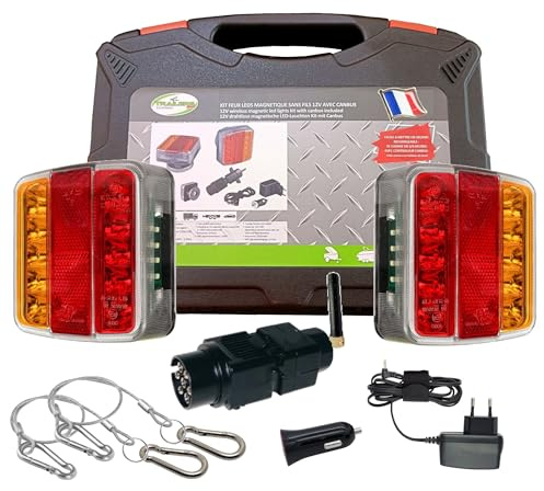 Rebadis Feux remorque sans fil, éclairage arrière LED, Détrompeur intégré 100% Compatible Tous véhicules, Fixations Magnétique, avec cablettes de sécurité