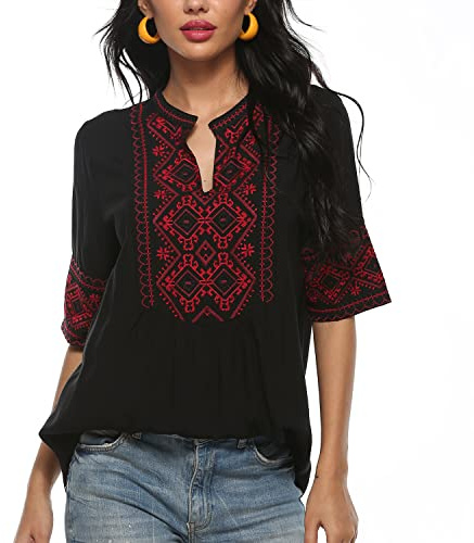 Seasonal Ukraine Bluse Sommer Damen Tunika Bohemian Stickerei Folklore Tops Boho Hippie Kurzarm Lose Oberteil (073-Schwarz,S)