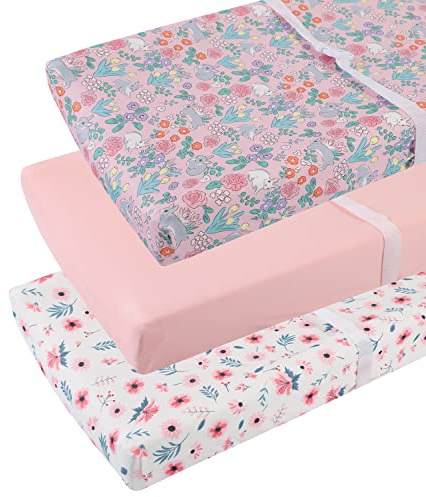 Tontukatu Changing Pad Cover Set 3 Pack Jersey Knit Ultra Soft for Baby Boys Girls Floral/Grey Rabbit/Pink