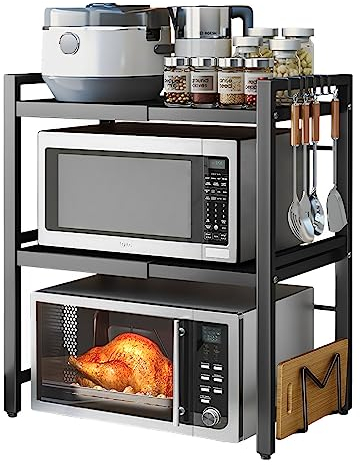 devesanter Mikrowellen Regal 3-Stufiges Ausziehbar arbeitsplatte Bäckerregale mit 6 Haken,Küchenregal Gewürzregal Mikrowellenschrank Organizer für Küchen Schwarz Ausziehbar von 40-64cm