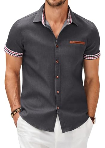 COOFANDY Chemise Homme Manches Courtes Chemise d'Été Légère Décontractée en Coton Style Western Cowboy Business Casual Chemises Denim Élégante Regular Fit
