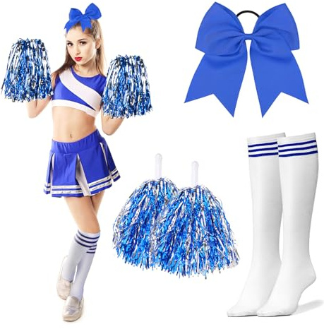 DPKOW Blau Weiß Cheerleader Kostüm Zubehör für Kinder Mädchen Frau, Cheerleader Poms Poms Strümpfe Schleife Haarseil für Halloween Karneval Cosplay Zubehör