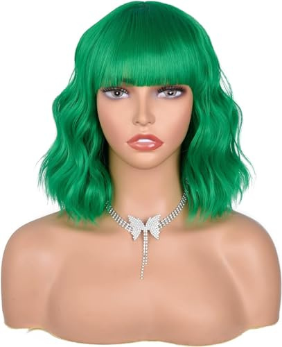 CoCrowns Parrucca corta ondulata con Air Bangs lunghezza spalla donna Bob corto (verde scuro)
