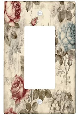 Vintage Floral Light Switch Cover Plate, Beige Red Blue Roses Single Rocker Wall Plates, Spring Summer Home Decor, Thermoplastic Plate Cover Single Rocker
