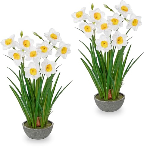 Hollyone Weiße Künstliche Narzissen Seidenblumen, 2 Stück 35cm Dekorative Blume Künstliche Narzissen im Topf, Kunstblumen Frühlingsblume für Heimdekoration, Fensterbank, Wohnzimmer, Tischdeko