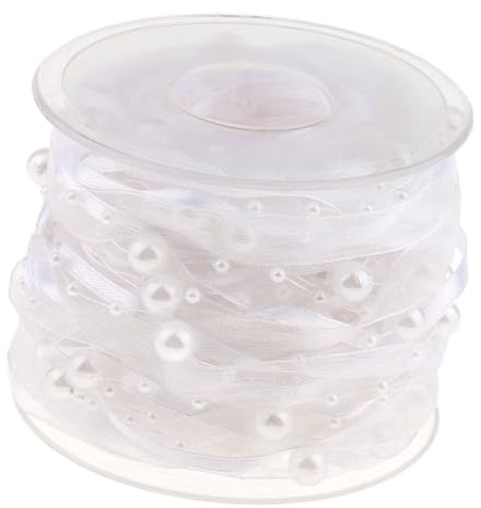 10m/rolle Perlenkette Perlen Geschenkband Weiß Organza Satinband Draht Perlen Kette Schleifenband für Weihnachtsbaum Hochzeit Girlande Dekoration Geschenkverpackungen DIY Handwerk