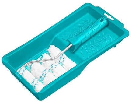 TOTAL - Set Rulli da Pittura - 6 Pezzi - Vaschetta + 4 Rulli in Poliestere Antigoccia - 100 mm - Supporto Ergonomico - Per Pittura da Interni - Blu